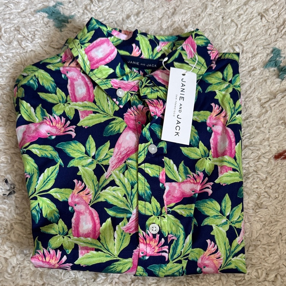 Janie and Jack Navy Shirt with Pink Parrots and Green Leaves